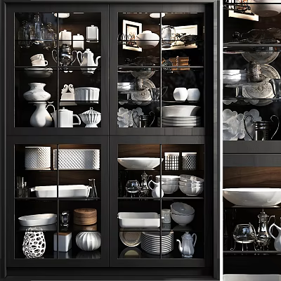 Modern Display Storage Cabinet With Glass Doors And Shelves For Dishes Bowls Cups 3d model