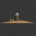 Grogu Green Alien Child In Brown Fur Collar Coat With Floating Stones On Sandy Ground