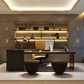 Modern Office Interior With Large Windows Comfortable Sofa Coffee Tables Bookshelves And Lighting Design