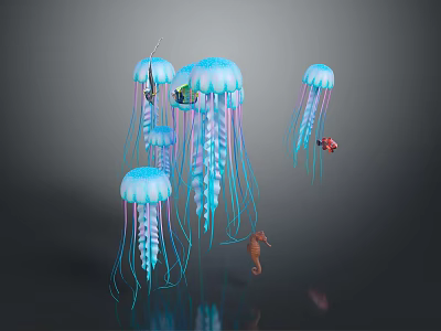 Blue Jellyfish With Pink Tentacles Small Fish And Seahorse In Dark Water Reflection 3d model