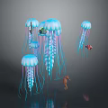 Blue Jellyfish With Pink Tentacles Small Fish And Seahorse In Dark Water Reflection