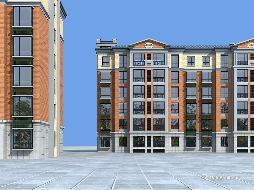 Multi Story Residential Building With Brick Red And Beige Exterior Windows And Balconies 3d model 