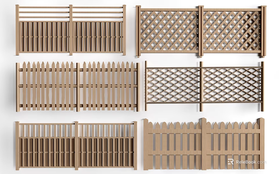 Wooden Railings With Various Designs Including Slatted Lattice And Spiked Tops For Outdoor Decoration 3d model 