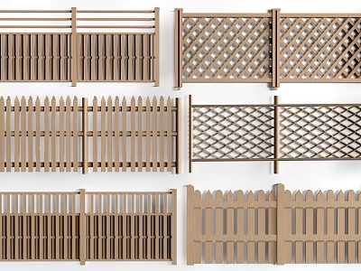 Wooden Railings With Various Designs Including Slatted Lattice And Spiked Tops For Outdoor Decoration 3d model