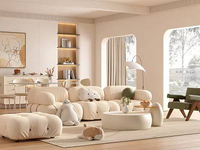 Modern Living Dining Room Interior With Beige Sofa Poufs Green Chair Stuffed Toys Artwork And Windows 3d model
