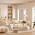 Modern Living Dining Room Interior With Beige Sofa Poufs Green Chair Stuffed Toys Artwork And Windows