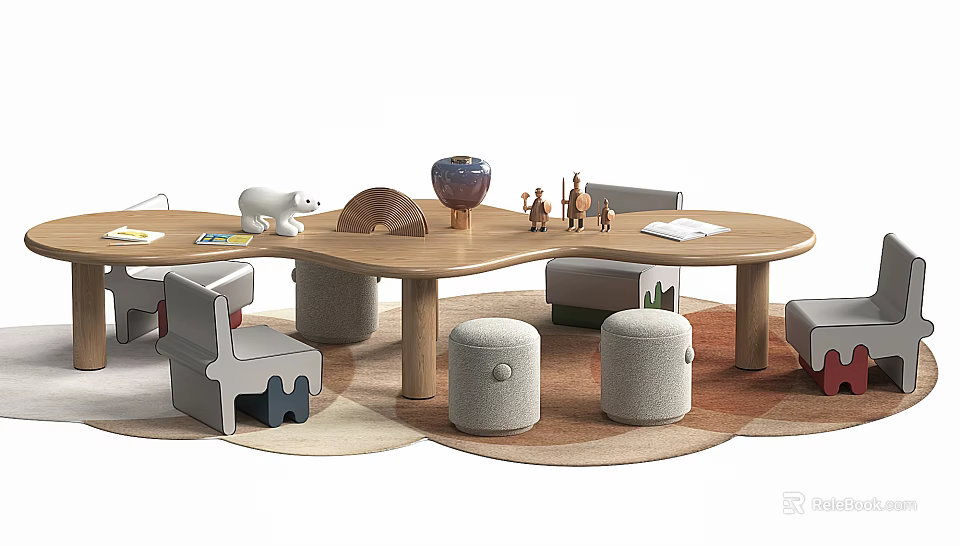 Curved Wooden Children's Table With Animal Toys Padded Stools And Storybooks 3d model 