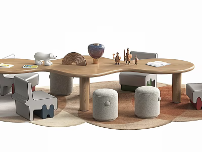 Curved Wooden Children's Table With Animal Toys Padded Stools And Storybooks 3d model