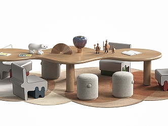 Modern Children's Table and Chair Log Curved Children's Table and Stool Children's Handmade Toy Table and Chair 3d model