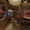 Elegant Restaurant Interior With Dining Tables Chairs Wall Art Decorative Plants And Pendant Lights