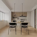 Modern Kitchen Interior Design With White Wooden Cabinets Central Dining Table Black Chairs And Appliances