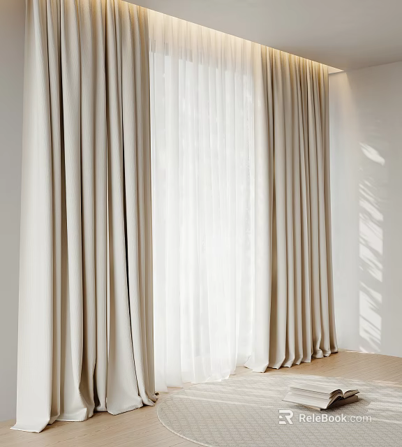 Beige Curtains With White Sheer Layers Soft Texture Light Filtering Interior Room Design 3d model 