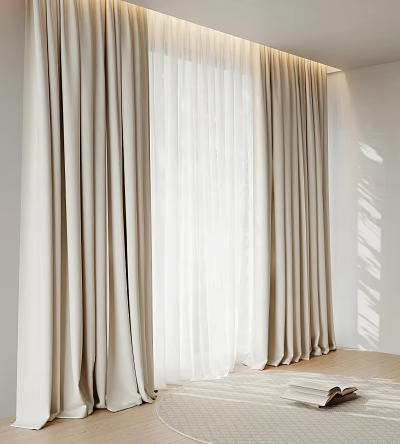 Beige Curtains With White Sheer Layers Soft Texture Light Filtering Interior Room Design 3d model