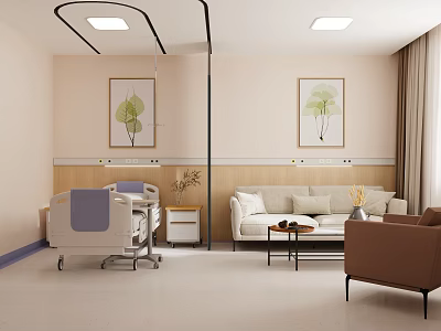 Hospital Outpatient Clinic Interior With Medical Bed Sofa Armchair And Green Leaf Paintings 3d model