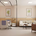 Hospital Outpatient Clinic Interior With Medical Bed Sofa Armchair And Green Leaf Paintings