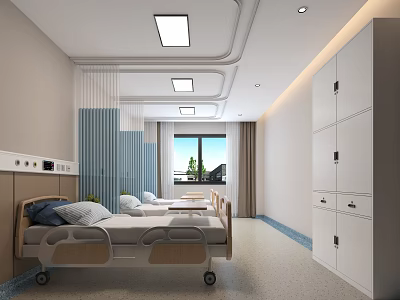 Modern Hospital Patient Room Interior With Medical Beds Equipment White Lockers Blue Curtains And Window 3d model