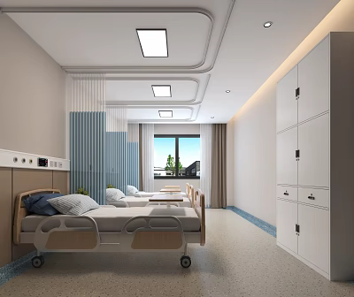 Modern Hospital Patient Room Interior With Medical Beds Equipment White Lockers Blue Curtains And Window 3d model
