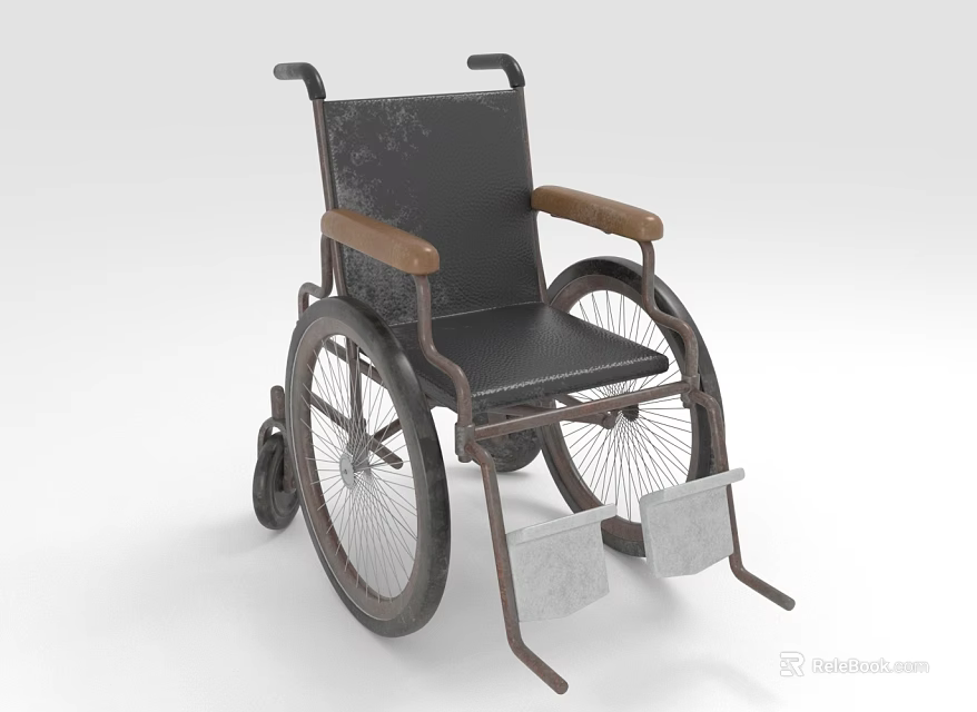 Vintage Wheelchair With Metal Frame Wooden Armrests Black Seat Large Small Wheels And Footrests 3d model 