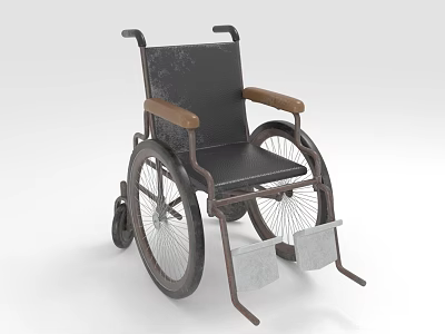 Vintage Wheelchair With Metal Frame Wooden Armrests Black Seat Large Small Wheels And Footrests 3d model