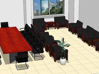 Red Conference Table With Black Chairs Sofas And Potted Plant By Large Window City View 3d model