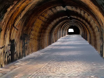 Stone Arch Tunnel Interior With Paved Floor Graffiti Walls And End Light 3d model