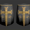 Pair Of Medieval Armor Helmets With Gold Cross Decoration And Vintage Design