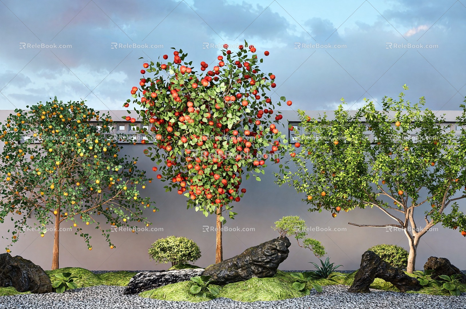 Landscape tree orange tree apple tree pomegranate tree stone terrain courtyard sketch model