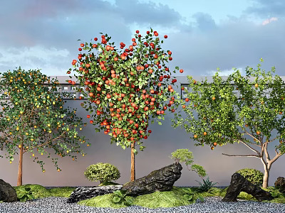 Traditional Garden Landscape With Fruit Bearing Trees Rocks And Greenery 3d model