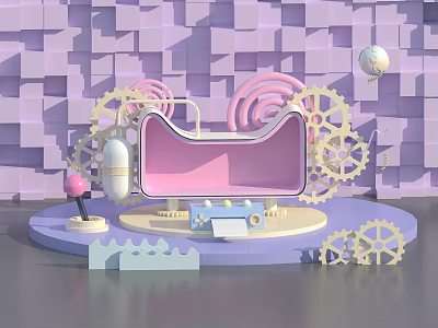 Pink Phone Holder Stand With Gear Decorations Microphone Globe Blue Car On Purple Cubes 3d model