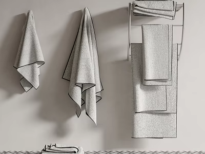 Soft Textured Bath Towels Hanging On Wall And Rack In Modern Bathroom 3d model
