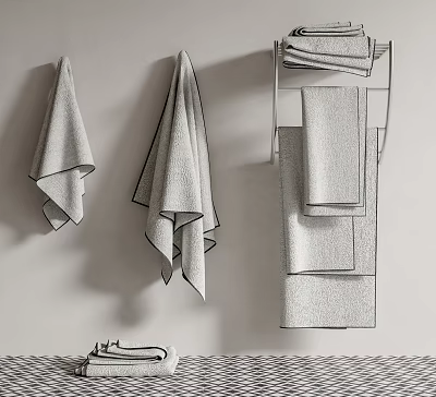 Soft Textured Bath Towels Hanging On Wall And Rack In Modern Bathroom 3d model