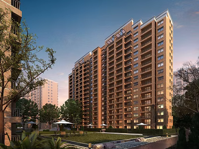 Modern High Rise Residential Building With Surrounding Greenery Lawn And Outdoor Sun Umbrellas 3d model