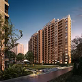 Modern High Rise Residential Building With Surrounding Greenery Lawn And Outdoor Sun Umbrellas