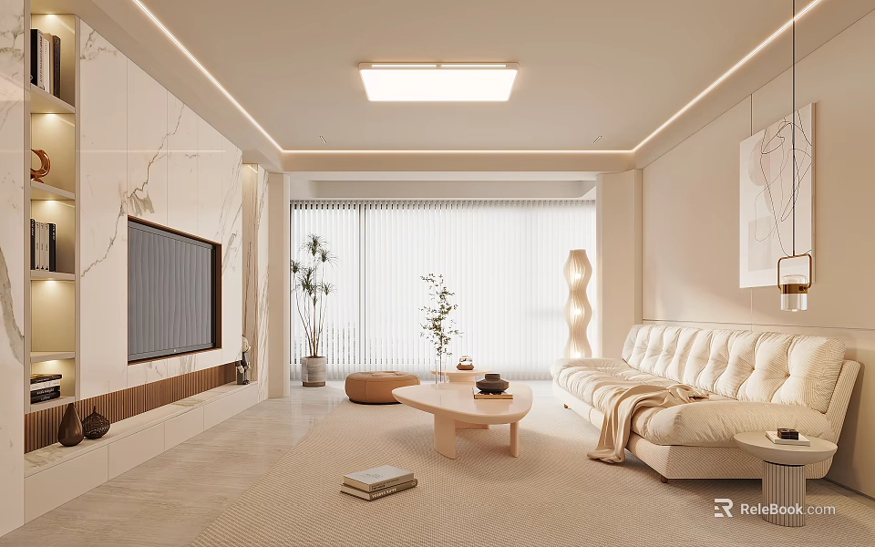 Modern Living Room Interior Design With Marble Walls White Sofa Wooden Coffee Table And Plants 3d model 