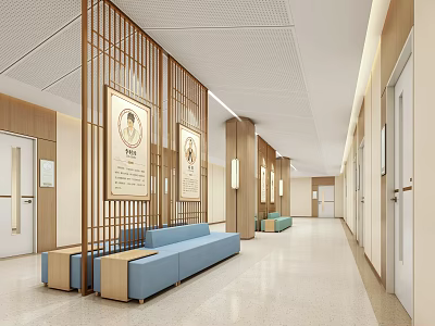 Hospital Outpatient Clinic Corridor With Blue Benches Wooden Partitions And Wall Portraits 3d model
