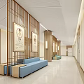Hospital Outpatient Clinic Corridor With Blue Benches Wooden Partitions And Wall Portraits