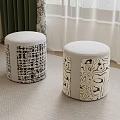 Round Upholstered Stools With Patterned Design In Modern Interior With Textured Curtains And Light Carpet 3d model