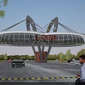 Modern Entrance Gate with Arch Structure Glass Panels Top LOGO Surrounded by Vehicles and Greenery