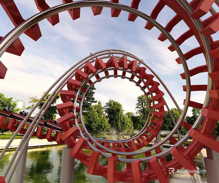Thrilling Red Spiral Roller Coaster Track Among Green Trees Water And Blue Sky 3d model 