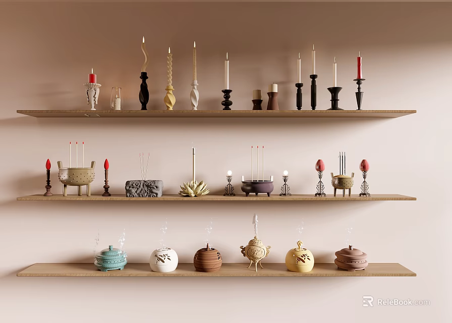 Various Decorative Candles and Unique Candle Holders Displayed on Wooden Shelves 3d model 