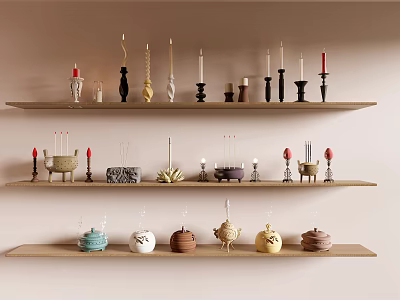 Various Decorative Candles and Unique Candle Holders Displayed on Wooden Shelves 3d model