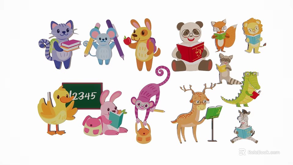 Colorful Animal Silhouettes Of Cat Mouse Rabbit Panda With Books Apple Blackboard And Schoolbag 3d model 