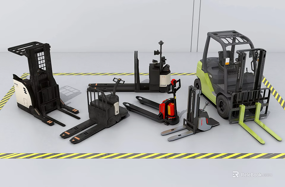 Industrial Equipment Featuring Various Forklift Models Pallet Trucks And Stackers For Handling 3d model 