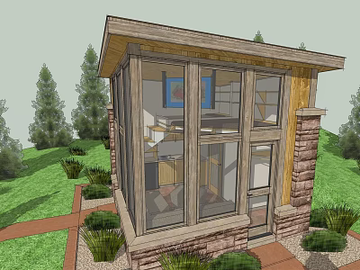 Single Family House With Large Windows Wood And Stone Exterior Green Plants And Lawn 3d model