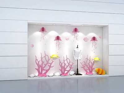 Window Display Decoration With Pink Jellyfish Coral And White Mannequin Yellow Fish 3d model