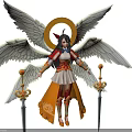 Game and Film Character With Angelic Wings Golden Halo Twin Swords and Red White Ornamental Outfit