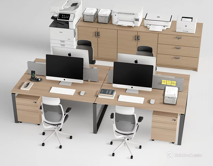 Modern Office Desk Setup With Dual Monitors Computer Keyboard Mouse Office Chair Cabinet And Printers 3d model 