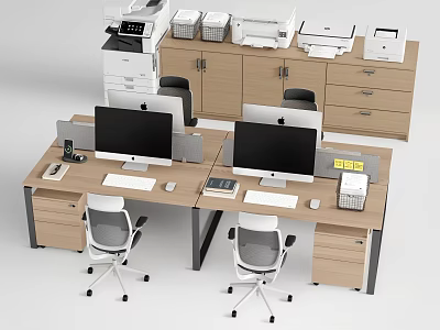 Modern Office Desk Setup With Dual Monitors Computer Keyboard Mouse Office Chair Cabinet And Printers 3d model