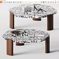 Stylish Coffee Tables Featuring Marble Pattern And Brown Wooden Legs With Decorative Items