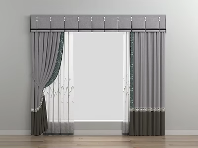 Modern Gray Curtains With Valance Sheer Layers And Green Trim Design 3d model